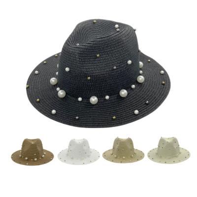 China Striped Fashion Accessories for Women Sun Hat Panama Straw Hats Sun Beach Trilby Jazz Spring Summer Wide Brim Pearl Sun Visor Sombrero for sale