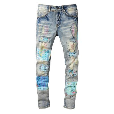 China QUICK DRY rts for 814 Dropshipping destroyed men jeans damage tapered ripped stacked men jeans with patch for sale