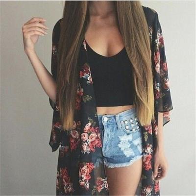 China 2020Summer ladies vintage kimono cardigan loose flora print viable viable preto crochet chiffon kimono blouse women long full black for sale