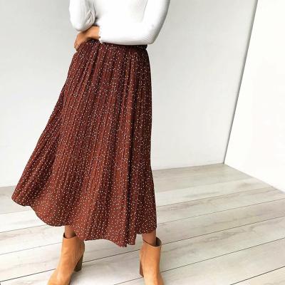 China Viable White Dots Floral Print Pleated Midi Skirt Women Elastic High Waist Side Pockets Elegant Female Bottoms Skirts Summer 2020 for sale