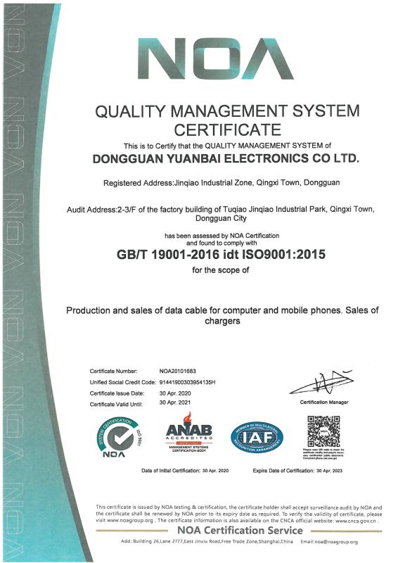 Quality Management System Certificate - Dongguan Yuanbai Electronics Co.,LTD