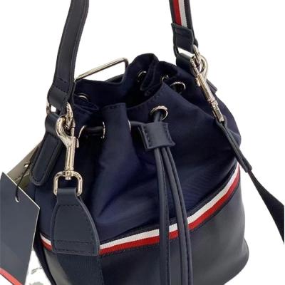 China Water proof Factory Supply Detachable Drawstring Bucket Bag Women Handbag Cloth Blue Strap Leather Shoulder Bag for sale