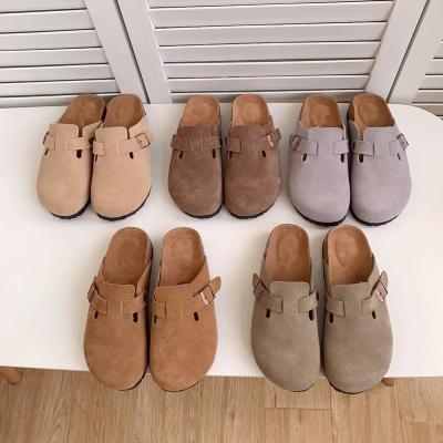 China Fashion Trend Spring New Women Men Thick Sole Full Genuine Leather Cork Shoes Casual Baotou Ladies Unisex  Half Tray Slippers Cowhide Sandals for sale