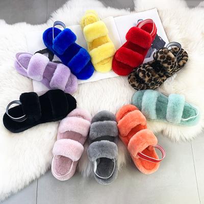 China Fashion Trend Custom Made High Quality Fuzzy Fluffy Fur Lady Open Toe Two Strap Sheepskin Quiet Indoor Slippers for sale