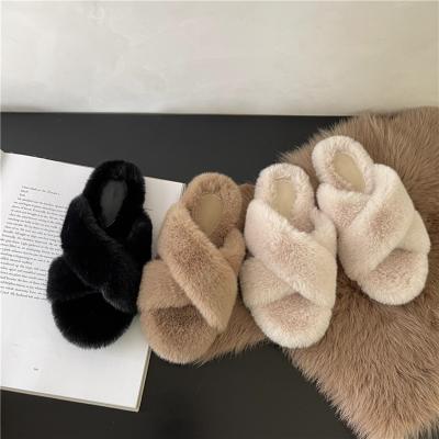 China Fashion Trend Ladies New Arrival Stripe Vegan Fur Winter Comfy Hairy High Quality Cross Slippers For Girls for sale