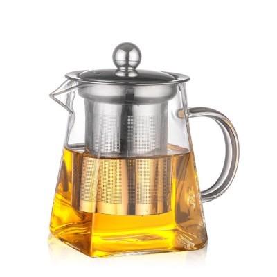 China Sustainable Borosilicate Handmade Square Glass Teapot With Strainer And Infuser Lid for sale