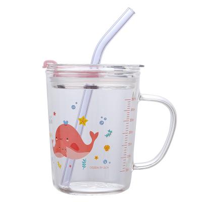 China Stocked Customize Cute Printing Kids Logo Juice Reusable Milk Glass Cup With Lid And Straw for sale