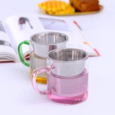 China Wholesale 300ml Drinkware New Design Color Handle Viable Glass Tea Cup With Separator Tea for sale