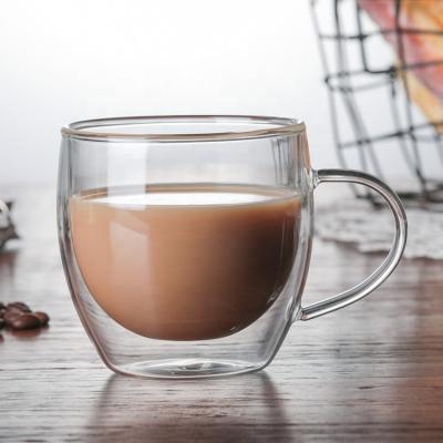 China Sustainable Hot Sale 250ml Handmade Double Wall Glass Heat Resistant Mug With Handle for sale