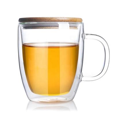 China 250ML 350ML Double Lid Wall Borosilicate Glass Modern Wholesale Bamboo Mug With Handle for sale