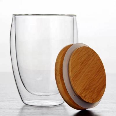 China Hot Selling Couple Cups Viable Gift Double Wall Transparent Glass Mug With Bamboo Lid for sale