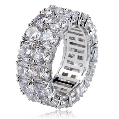 China High Quality 2 Rows Hip Hop Ring Gold Plated Round Cut Iced Out CZ Stone Tennis Chain Eternity Band Rings For Women Men for sale