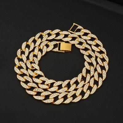 China Hot Selling High Quality 15mm Rhinestone Finish Miami Cuban Link Gold Chain Necklace for sale