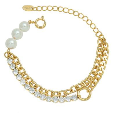 China Personalized High Quality Double Layer Pearl Zirconia Cuban Chain 18K Gold Plated Stainless Steel Bracelet For Women for sale