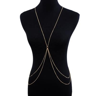 China Pretty Gold Color Long Tassel Body Chains Halter Necklaces Women Summer Multilayer Sexy Beach Crystal Body Chains for sale