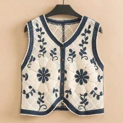 China Spring Autumn High Quality Women Breathable V-Neck Sweater Vest With Embroidery Flowers Comfortable Knit Vest Sweater Tops For Ladies for sale