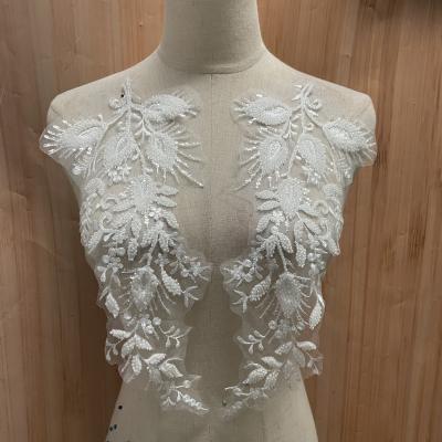 China white beaded 3D bleach sequin embroidery 3D flower lace applique for wedding, women's hat, lace corset, dress for sale