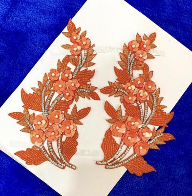 China 3D Burnt Orange Beaded Appliqué Lace Pair For Lyrical Dance Ballroom Costume Bridal Headbands Sashes On With Sequin And Pearl for sale