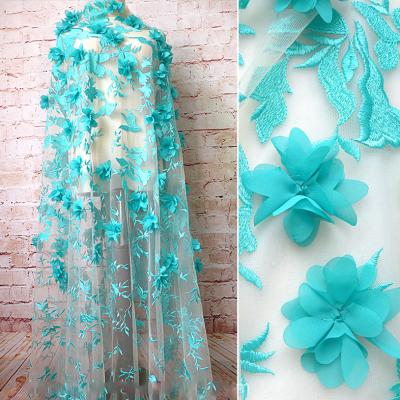 China 3D Flowers 3D Lace , 3D Orange Lace Fabric Dirty Green Tulle Patch for sale