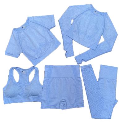 China Breathable Yoga Suit Fitness Gym Sportswear Show Women's Knitting Suit 5 Piece Set for sale