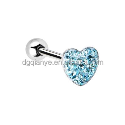 China 16G Stainless Steel Heart Tongue Ring Punk Jewelry Gem Barbell Tongue Ring for sale