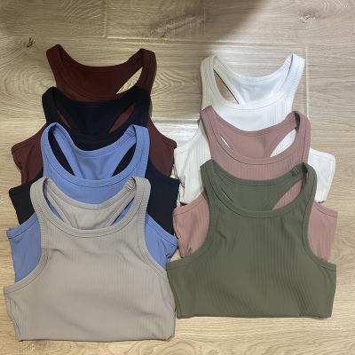 China Lulu Same Rib Sports Bra Breathable Women's Yoga Fitness Tank Top Running High Strength Shockproof Back Bra for sale