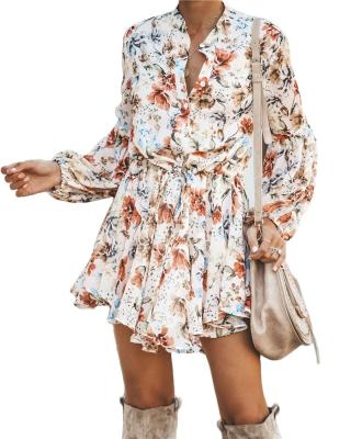 China Factory Price Women's Summer 2022 Anti-Wrinkle Clothes Ladies Plus Size Dress Button V-Neck Long Sleeve Printed Dress for sale