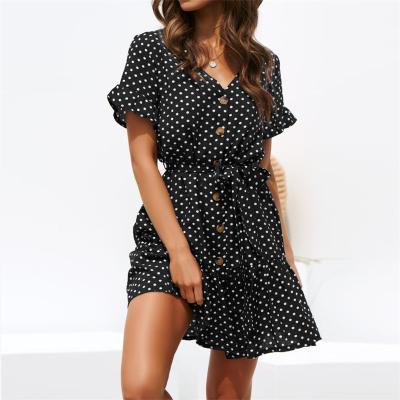 China Dot Print Loose Belt Sleeve V-Neckline Chiffon Casual Dress Anti-wrinkle Temperament Commuter Short Skirt Polka Shorts for sale