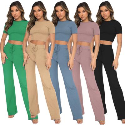 China New Fashion QUICK DRY Casual Suit Female Solid Color High Elastic Body Sculpting Shorts Sheathed Pit Strip Wide Leg Pants Two Piece Set for sale