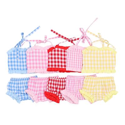 China Comfortable Breathable Newborn Babies Two Piece Sets Plaid Cotton Seersucker Fabric Baby Clothes Kids Outfits for sale