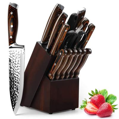 China Japan Stainless Steel Collection Knife Durable High Carbon Hammered Wooden Block Set 15 Piece Chef Knife Set With Sharpening for sale