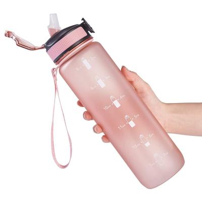 China 32 Ounce Sustainable Drinks Plastic Water Bottle With Custom Logo Straw Time Marker Buckle Strap For Fitness Gym Camping Outdoor Sports BPA Free for sale