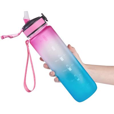 China 32 Ounce Sustainable Beverage Water Bottle with Carry Strap Leak-Proof Tritan Time Marker BPA Free for Outdoor Sports Camping Fitness Gym Amazon for sale