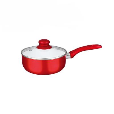 China General use for gas and induction cooker 16/18/20 cm spiral/induction bottom two layers of ceramic coating inside aluminum sauce pan with glass lid and colored handle for sale