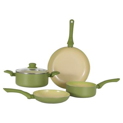 China Family Kitchen 5pcs Olive Green Pressed Ceramic Cookware Pan Set for sale