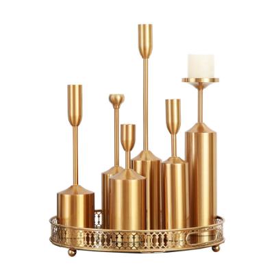 China Candlelight Romantic Decoration Candle Pillar Candlestick Brass Stand 6pcs Set Gold Metal Candle Holders Weddings for sale