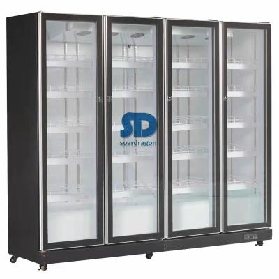 China Single-temperature Soardragon 1700L 4 Doors Vertical Supermarket Drinks Display Cooler Showcase With Black Color for sale