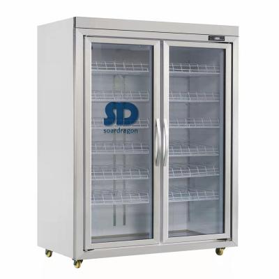 China Single-temperature Soardragon 1500L Double Door Slot Unit Supermarket Refrigeration Upright Refrigerator For Beverage Cooler for sale