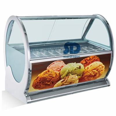 China Single-temperature Good Quality 220v Double Layer Toughened Glass Shape Luxury Ice Cream Display Freezer for sale