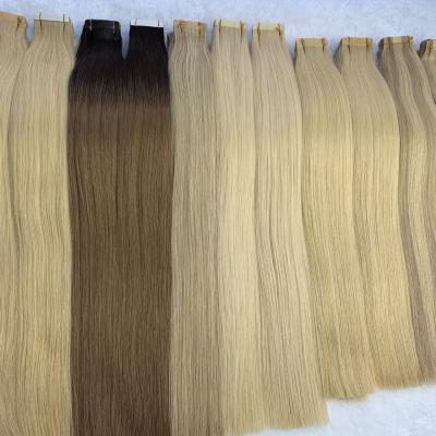 China Shiny Invisible Double Drawn Hair 100% Russian Hair Grade 10A Double Sided Tape Hair Extensions for sale