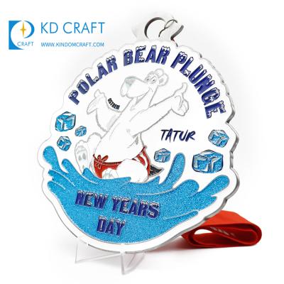 China Custom China Unique Design Large Enamel Glitter Cartoon Polar Bear New Years Day Souvenir Medal With Blank Ribbon for sale