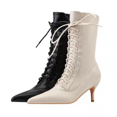 China Size increasing European and American fashion large size 712-1 lace up high heels pointed short elastic thin heel boots women and nude boots for sale