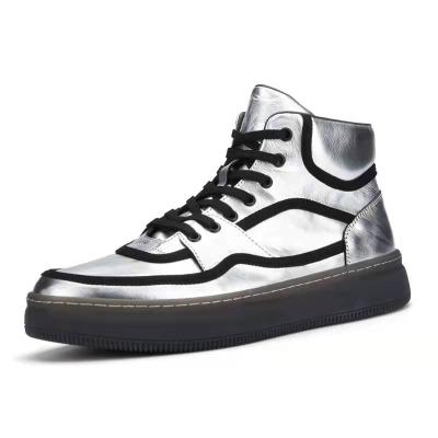 China Fashion Trend European Station Leather Men's Casual Shoes High Top Silver Round Head Breathable Thick Soled Shoes Skateboarding Shoes for sale