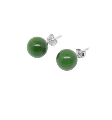 China CLASSIC Best Selling 925 Sterling Silver 10mm Round Beads Natural Genuine Jade Nephrite Jewelry Stud Earring Gemstone for sale