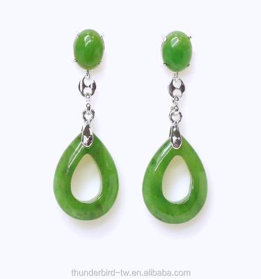 China Good quality genuine natural green jade nephrite drop cabochon jewelry vintage women's alloy dangle earring for sale