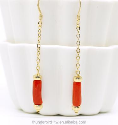 China New Design Cute Woman 14kf Gold Filled Jewelry Natural Red Coral Tube Hook Dangle Earring for sale