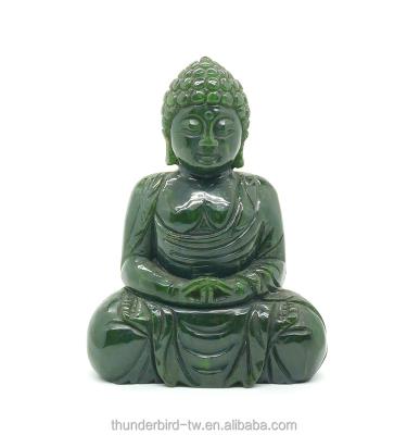 China Original Handcrafted Natural Carvings Buddhism Religious Jade Green Gemstone Artwork Buddha Nephrite Statue for sale