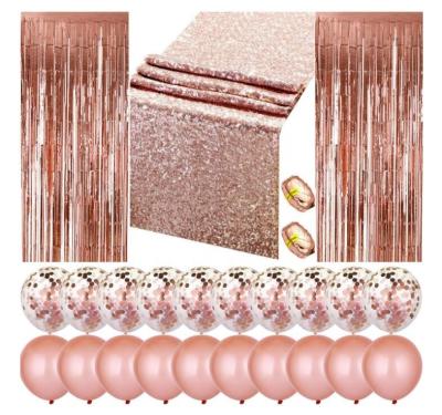 China Set of Rose Gold Party Decorations Supplies Fringe Curtains Rose Gold Theme Party Sequin Rose Gold Table Runner Latex Foil for sale