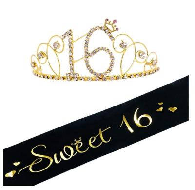 China Satin 16th Birthday Party Supplies Favors 16th Birthday Sash Tiara Glitter Satin Sash Bday Crown For 16th Birthday Gift for sale