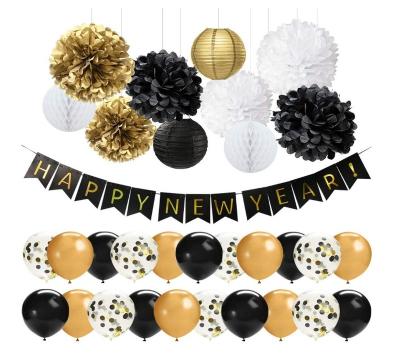 China 41 PCS Happy New Year Banner Latex Balloons Black Gold Happy New Year Decorations Set For 2020 New Years Eve Party for sale